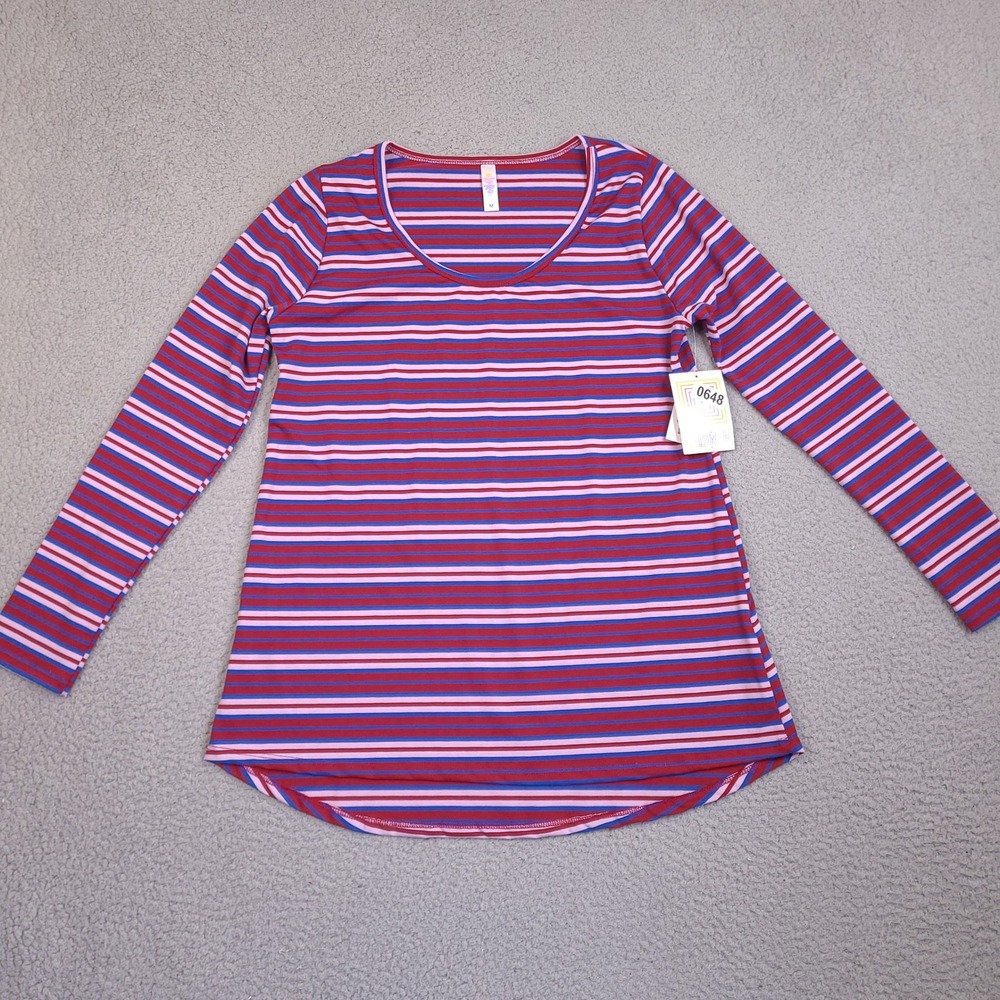 LuLaRoe Lynnae Top Women Medium Red Blue Pink Striped Long Sleeve Scoop Neck NEW
